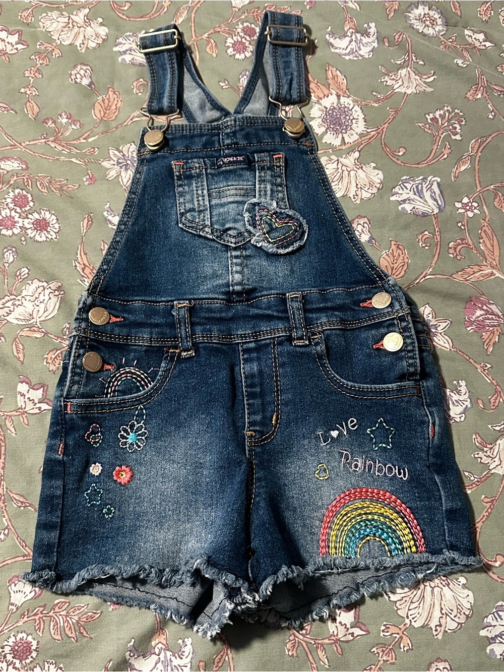 Girls Denim Embroidered Bib Overall Shorts